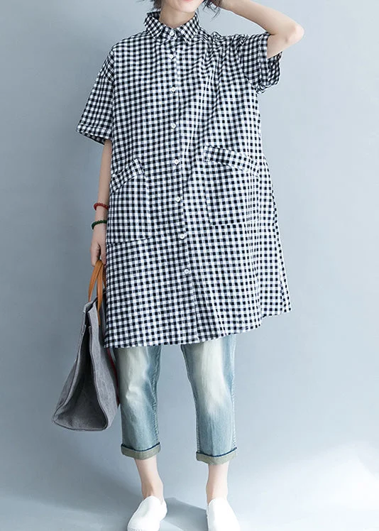 Unique black white plaid cotton linen shirts women stylish lapel pockets oversized Summer shirts Elegant Longline Short Shirt
