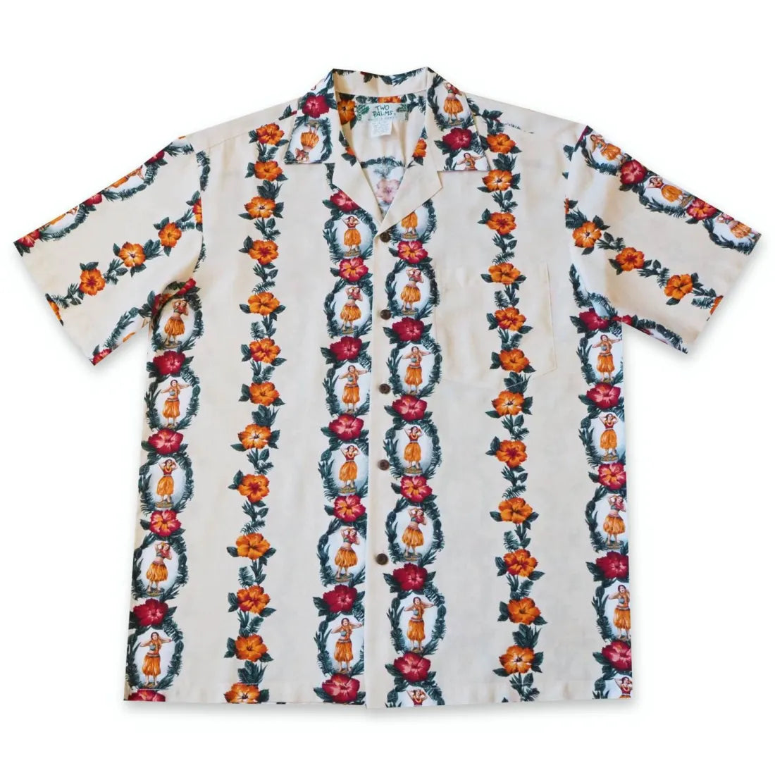 Vintage Hula Girl Cream Hawaiian Rayon Shirt Casual Short Sleeve Top