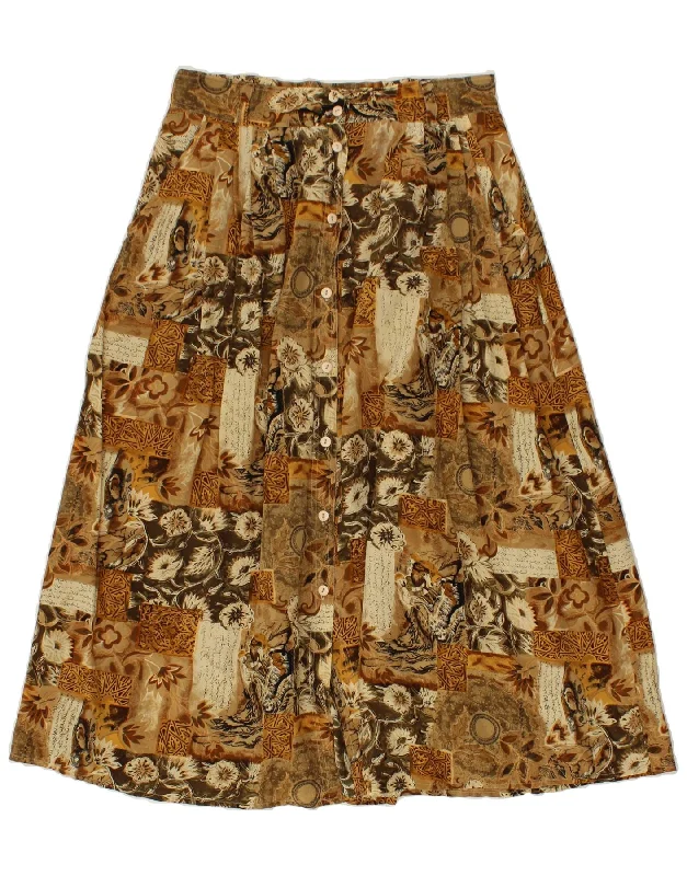 VINTAGE Womens A-Line Skirt Large W32  Brown Floral Silk tiered skirt playful