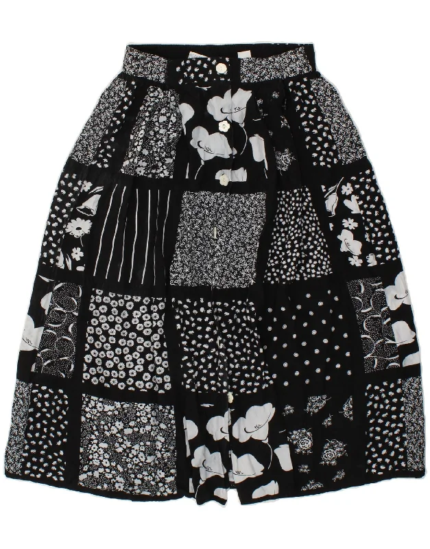 VINTAGE Womens A-Line Skirt UK 12 Medium W25  Black Patchwork Rayon chiffon skirt floaty