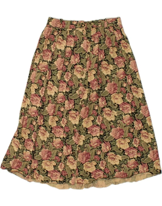 VINTAGE Womens A-Line Skirt UK 14 Medium W26 Green Floral Viscose elastic waist skirt VINTAGE Womens A-Line Skirt UK 14 Medium W26 Green Floral Viscose elastic waist skirt