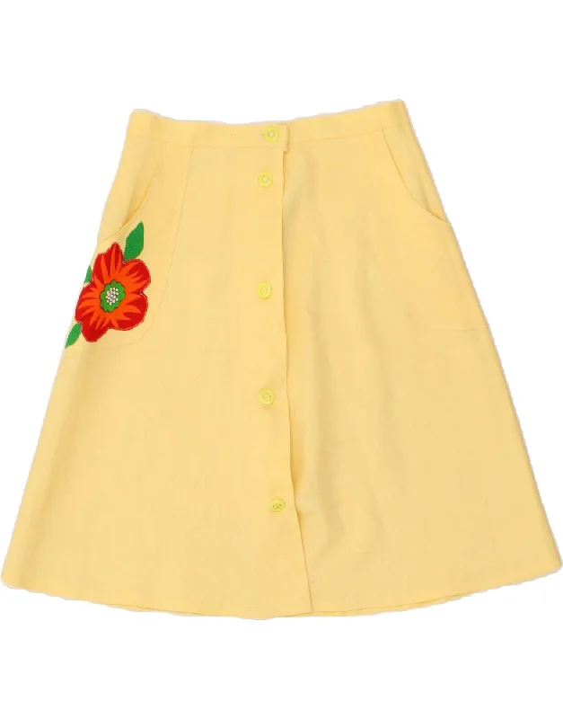 VINTAGE Womens A-Line Skirt W26 Small Yellow Floral leather skirt sleek