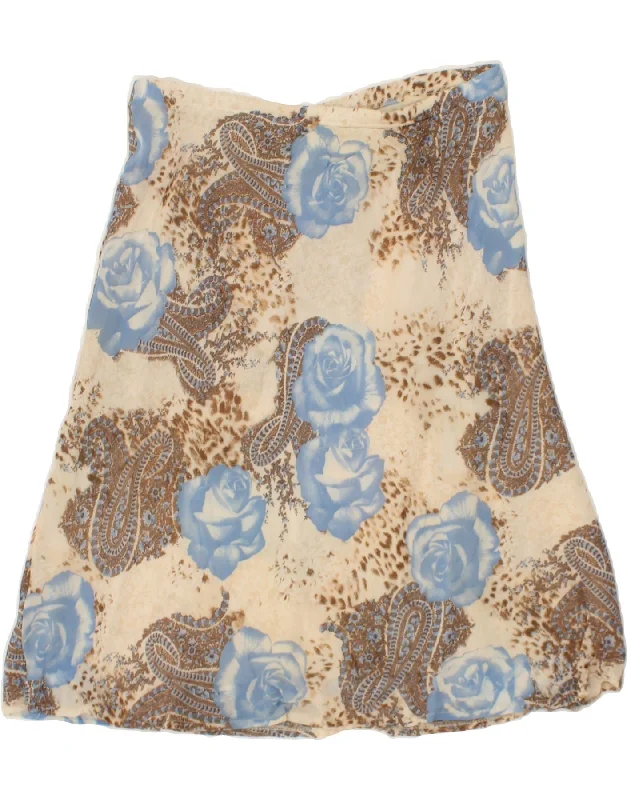 VINTAGE Womens A-Line Skirt  W34 Large Beige Floral Viscose belted skirt waist