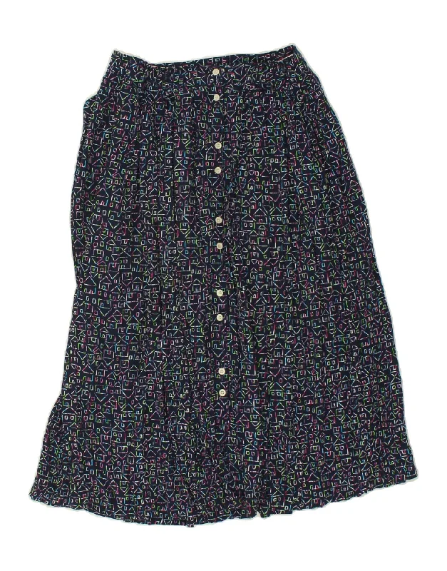VINTAGE Womens Abstract Pattern A-Line Skirt IT 42 Medium W28 Navy Blue button skirt front VINTAGE Womens Abstract Pattern A-Line Skirt IT 42 Medium W28 Navy Blue button skirt front