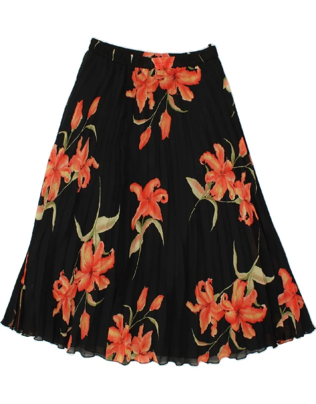 VINTAGE Womens Pleated Skirt EU 42 Large W32 Black Floral Polyester lightweight skirt design VINTAGE Womens Pleated Skirt EU 42 Large W32 Black Floral Polyester lightweight skirt design