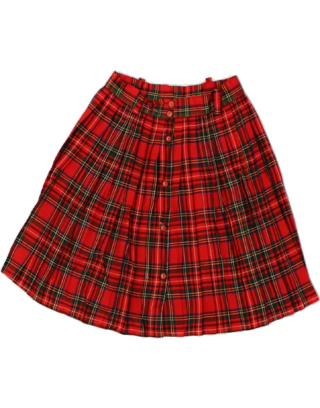 VINTAGE Womens Pleated Skirt IT 38 XS W24 Red Check Viscose leather skirt bold