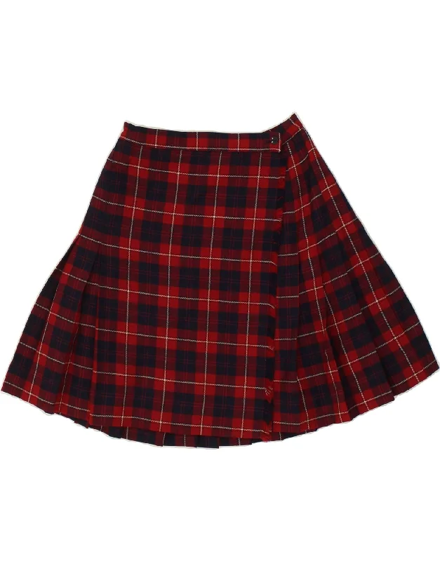 VINTAGE Womens Pleated Wrap Skirt W26 Small Red Check Wool a-line skirt cut