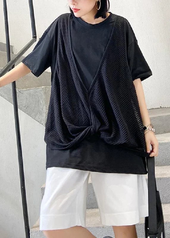 Women o neck cotton shirts black patchwork tulle shirts Fashionable Button-Front Short Sleeve Women o neck cotton shirts black patchwork tulle shirts Fashionable Button-Front Short Sleeve