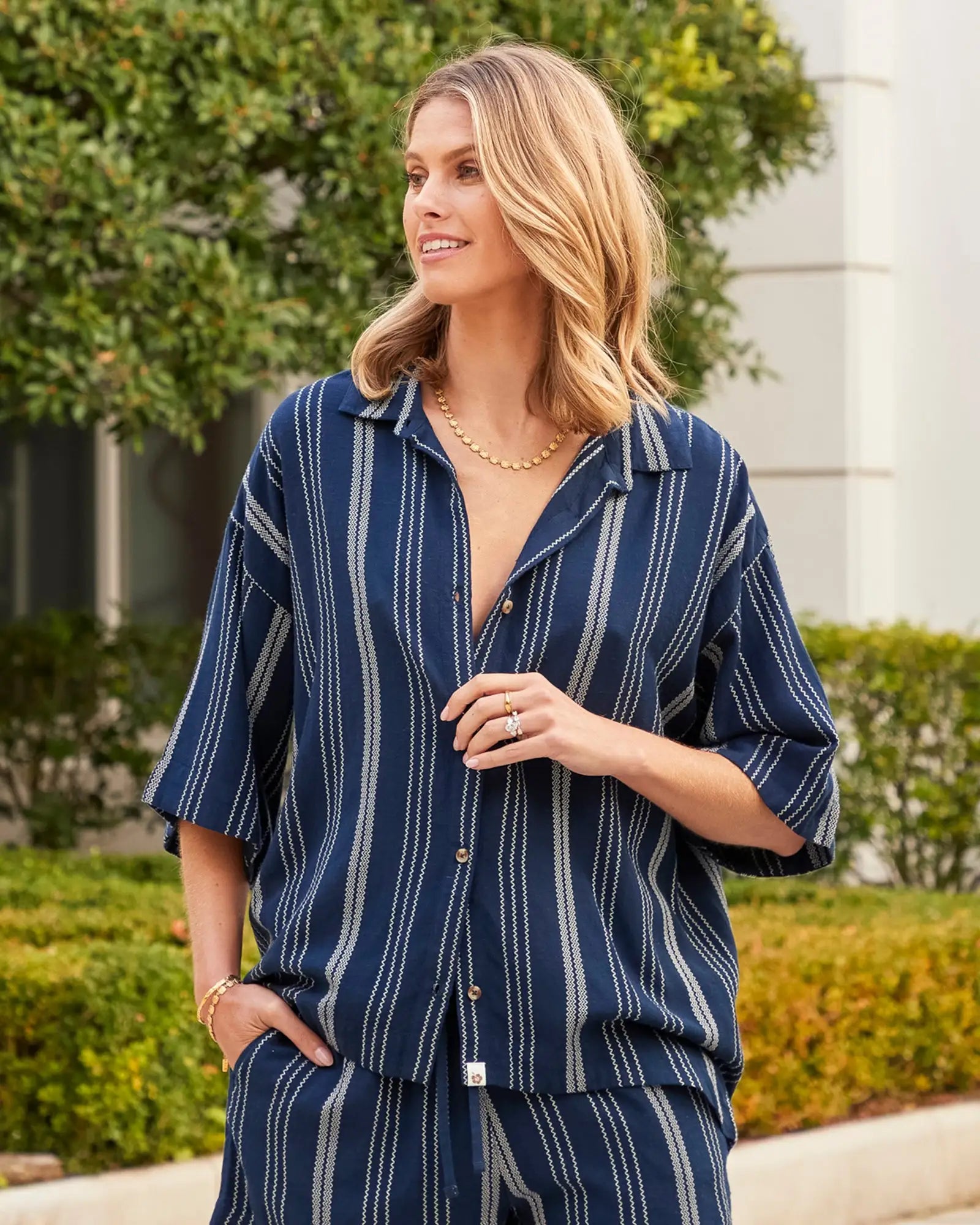 Womens - Short Sleeve Shirt - Sunset 3/4 Sleeve Shirt - Navy Stripe Relaxed Button-Down Short Shirt