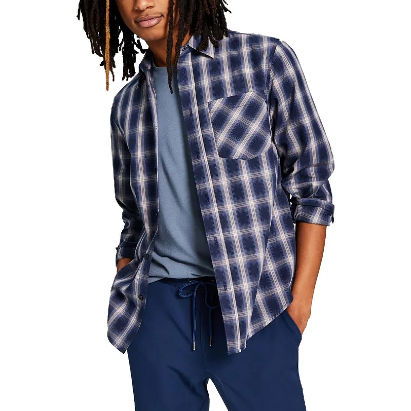 And Now This Mens Cotton Plaid Button-Down Shirt Trendy Ruffled Short Sleeve