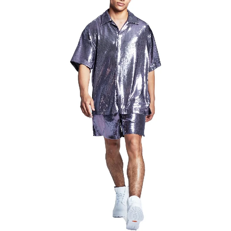 And Now This Mens Sequined Kimono Sleeve Button-Down Shirt Classic Casual Short Sleeve