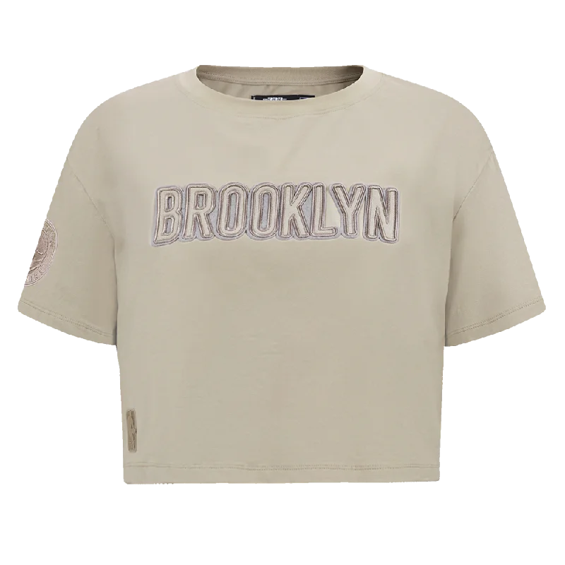 NBA BROOKLYN NETS NEUTRAL WOMEN'S BOXY TEE (TAUPE) Anti-Pilling Machine Wash Handmade NBA BROOKLYN NETS NEUTRAL WOMEN'S BOXY TEE (TAUPE) Anti-Pilling Machine Wash Handmade