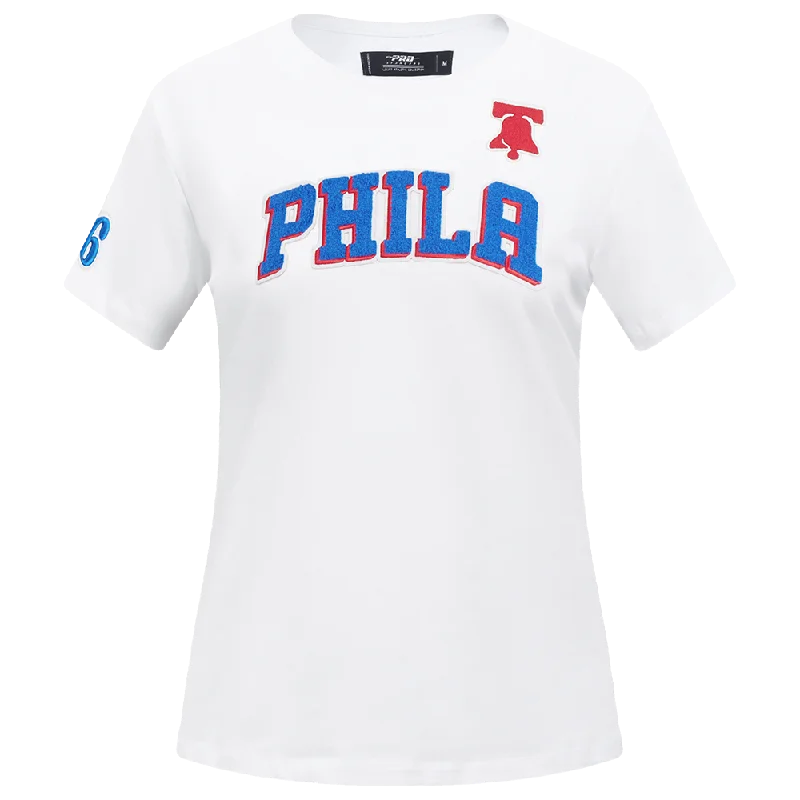 NBA PHILADELPHIA 76ERS CLASSIC WOMEN'S SJ SLIM FIT TEE (WHITE) Spandex Blend Rayon Blend Denim Blend NBA PHILADELPHIA 76ERS CLASSIC WOMEN'S SJ SLIM FIT TEE (WHITE) Spandex Blend Rayon Blend Denim Blend