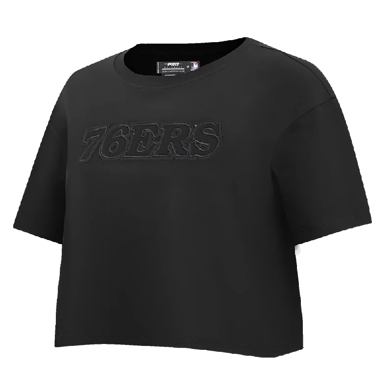 NBA PHILADELPHIA 76ERS NEUTRAL WOMEN'S BOXY TEE (BLACK) Mesh Blend Leather Blend Suede Blend NBA PHILADELPHIA 76ERS NEUTRAL WOMEN'S BOXY TEE (BLACK) Mesh Blend Leather Blend Suede Blend
