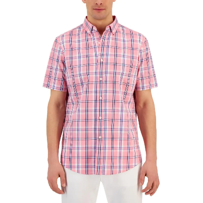 Club Room Mens Plaid Cotton Button-Down Shirt Fashionable Short Sleeve Shirt