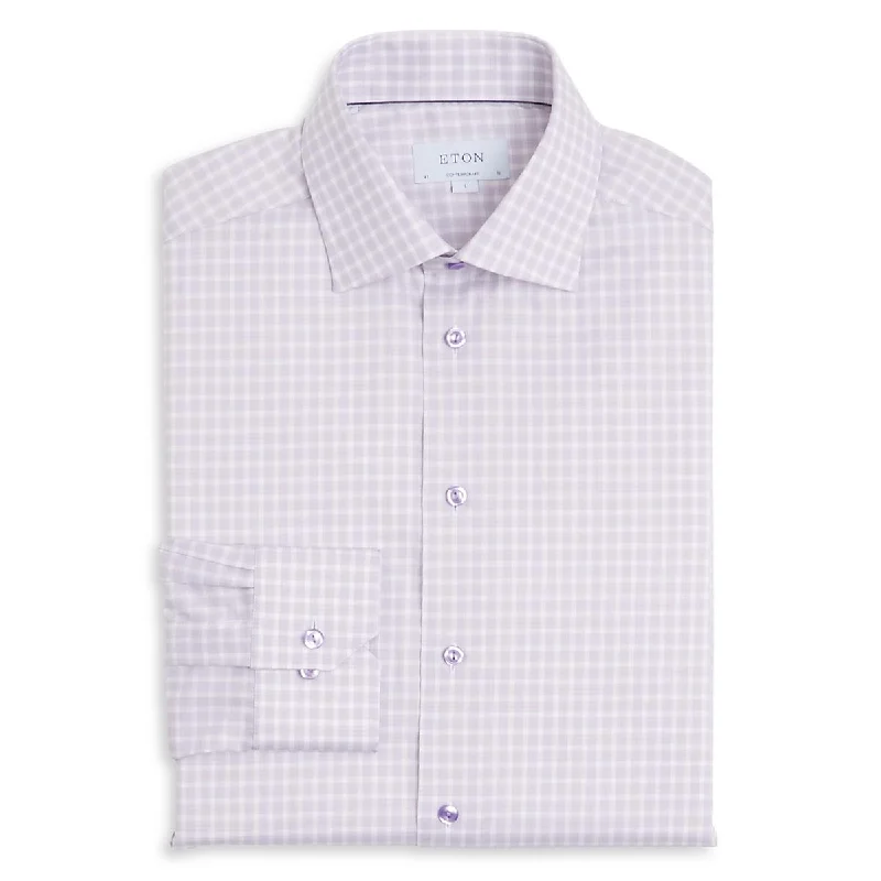 Eton Mens Check Print Cotton Button-Down Shirt Relaxed Cotton Short Blouse