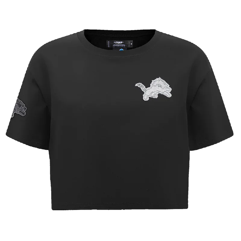 NFL DETROIT LIONS VARSITY BLUES WOMEN'S BOXY TEE (BLACK) Collared Crew Neck Turtle Neck