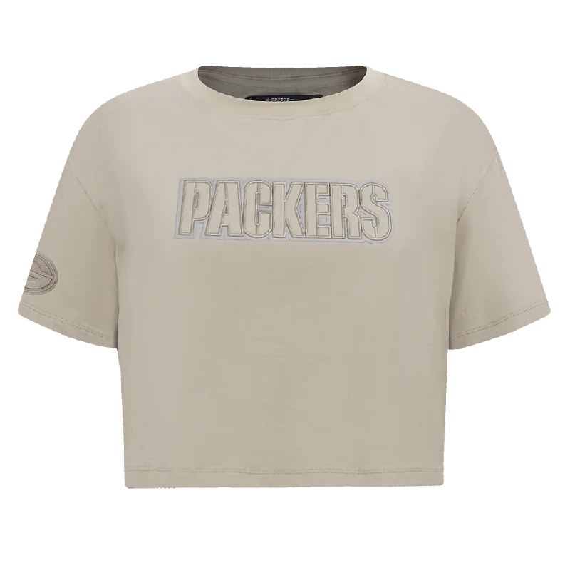 NFL GREEN BAY PACKERS NEUTRAL WOMEN'S BOXY TEE (TAUPE) Mesh Blend Leather Blend Suede Blend NFL GREEN BAY PACKERS NEUTRAL WOMEN'S BOXY TEE (TAUPE) Mesh Blend Leather Blend Suede Blend