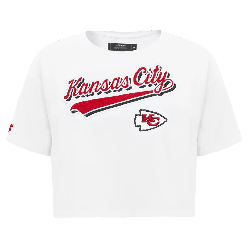 NFL KANSAS CITY CHIEFS SCRIPT TAIL WOMEN'S SJ BOXY TEE (WHITE) Chenille Brocade Lace NFL KANSAS CITY CHIEFS SCRIPT TAIL WOMEN'S SJ BOXY TEE (WHITE) Chenille Brocade Lace