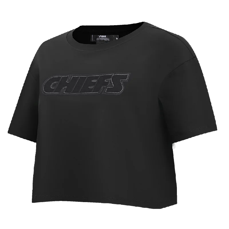 NFL KANSAS CITY CHIEFS NEUTRAL WOMEN'S BOXY TEE (BLACK) Denim Fabric Leather Fabric Suede Fabric NFL KANSAS CITY CHIEFS NEUTRAL WOMEN'S BOXY TEE (BLACK) Denim Fabric Leather Fabric Suede Fabric
