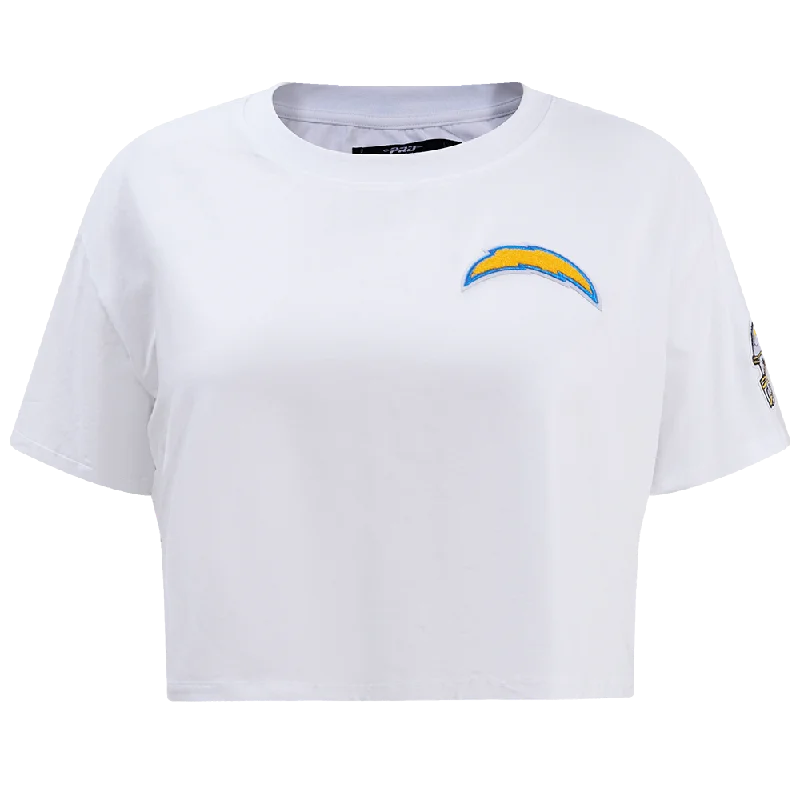 NFL LOS ANGELES CHARGERS CLASSIC WOMEN'S SJ BOXY TEE (WHITE) Collared Crew Neck Turtle Neck NFL LOS ANGELES CHARGERS CLASSIC WOMEN'S SJ BOXY TEE (WHITE) Collared Crew Neck Turtle Neck