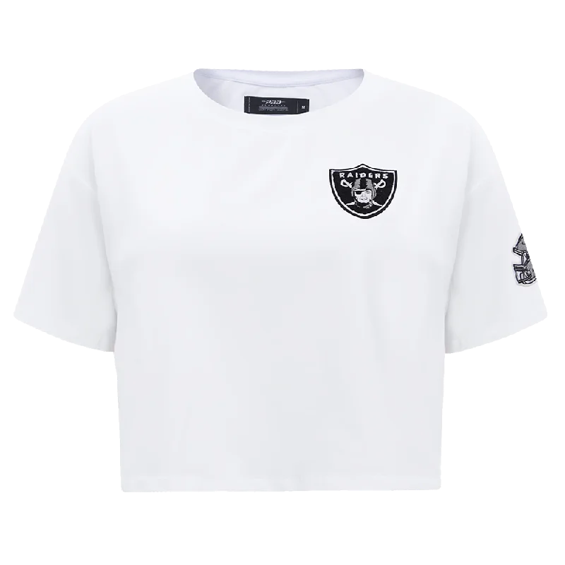 NFL LAS VEGAS RAIDERS CLASSIC WOMEN'S BOXY TEE (WHITE) V-Neck T-Shirt Long Sleeve Cotton NFL LAS VEGAS RAIDERS CLASSIC WOMEN'S BOXY TEE (WHITE) V-Neck T-Shirt Long Sleeve Cotton