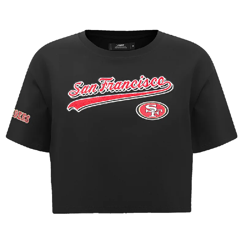 NFL SAN FRANCISCO 49ERS SCRIPT TAIL WOMEN'S SJ BOXY TEE (BLACK) Real Fur Shearling Chenille