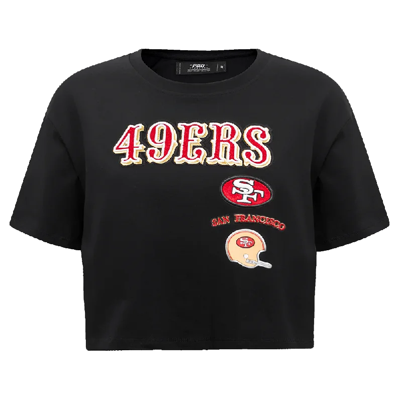 NFL SAN FRANCISCO 49ERS RETRO CLASSIC WOMEN'S BOXY TEE (BLACK) Chenille Blend Fleece Blend Nylon Blend NFL SAN FRANCISCO 49ERS RETRO CLASSIC WOMEN'S BOXY TEE (BLACK) Chenille Blend Fleece Blend Nylon Blend