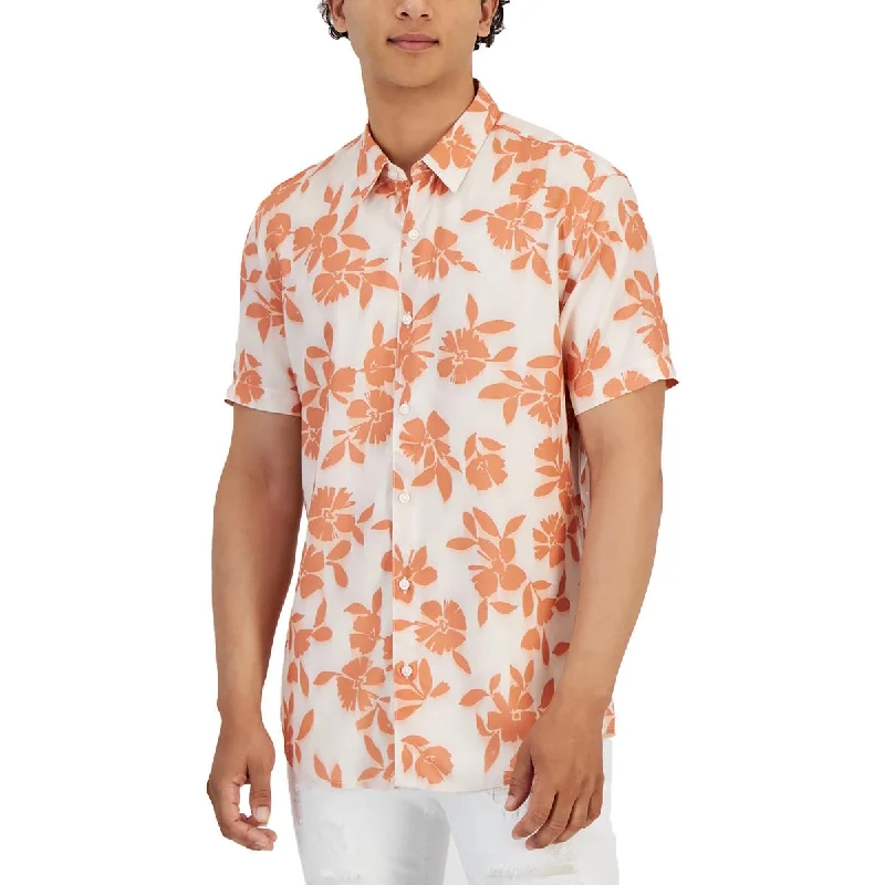 Guess Mens Floral Collar Button-Down Shirt Comfortable Fitted Short Sleeve