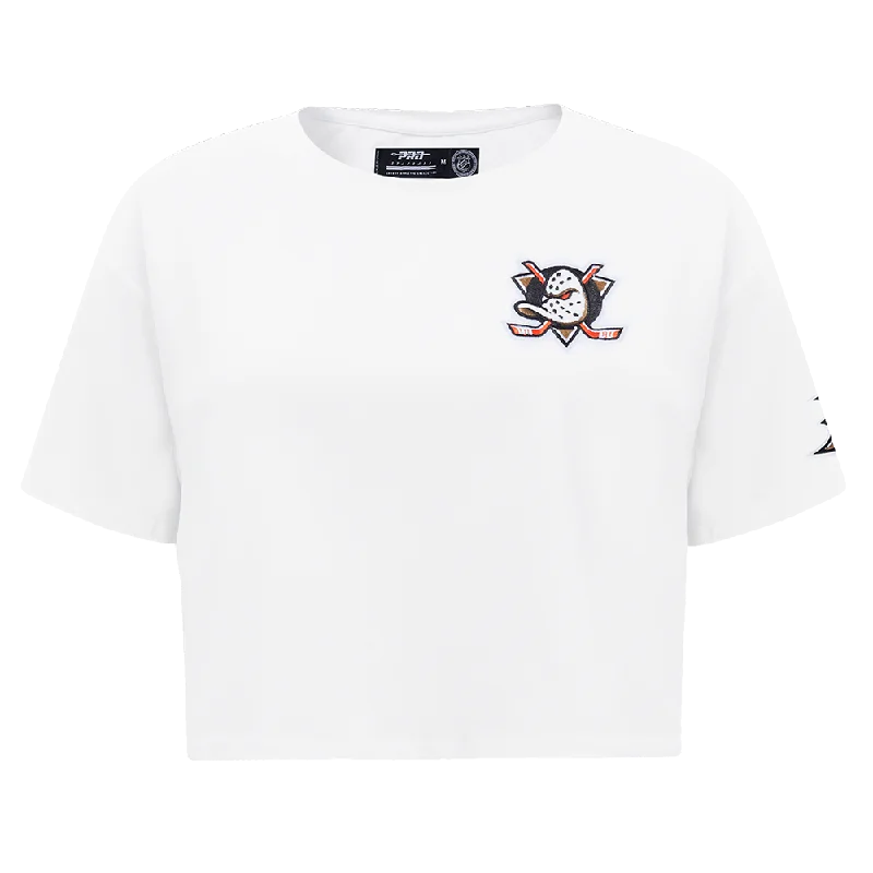 NHL ANAHEIM DUCKS CLASSIC WOMEN'S BOXY TEE (WHITE) Ribbed T-Shirt High Neck Heavyweight NHL ANAHEIM DUCKS CLASSIC WOMEN'S BOXY TEE (WHITE) Ribbed T-Shirt High Neck Heavyweight