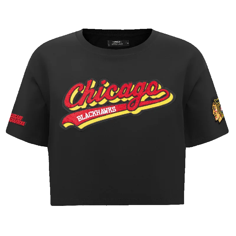 NHL CHICAGO BLACKHAWKS SCRIPT TAIL WOMEN'S SJ BOXY TEE (BLACK) Front Pockets Side Pockets Patch Pockets NHL CHICAGO BLACKHAWKS SCRIPT TAIL WOMEN'S SJ BOXY TEE (BLACK) Front Pockets Side Pockets Patch Pockets