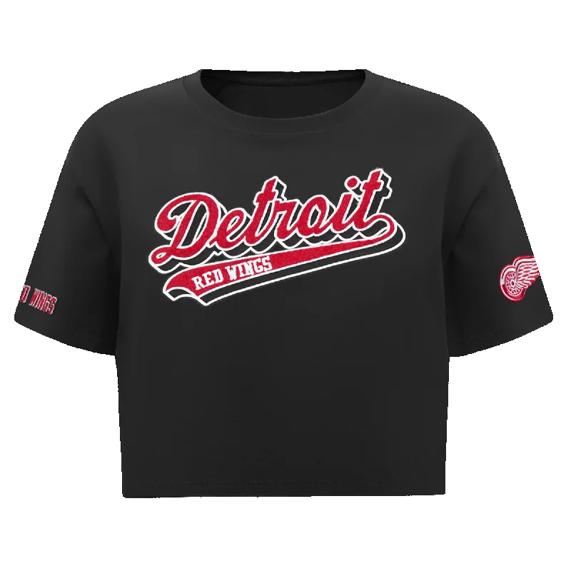 NHL DETROIT RED WINGS SCRIPT TAIL WOMEN'S SJ BOXY TEE (BLACK) Hooded Caped Shawl Collar NHL DETROIT RED WINGS SCRIPT TAIL WOMEN'S SJ BOXY TEE (BLACK) Hooded Caped Shawl Collar