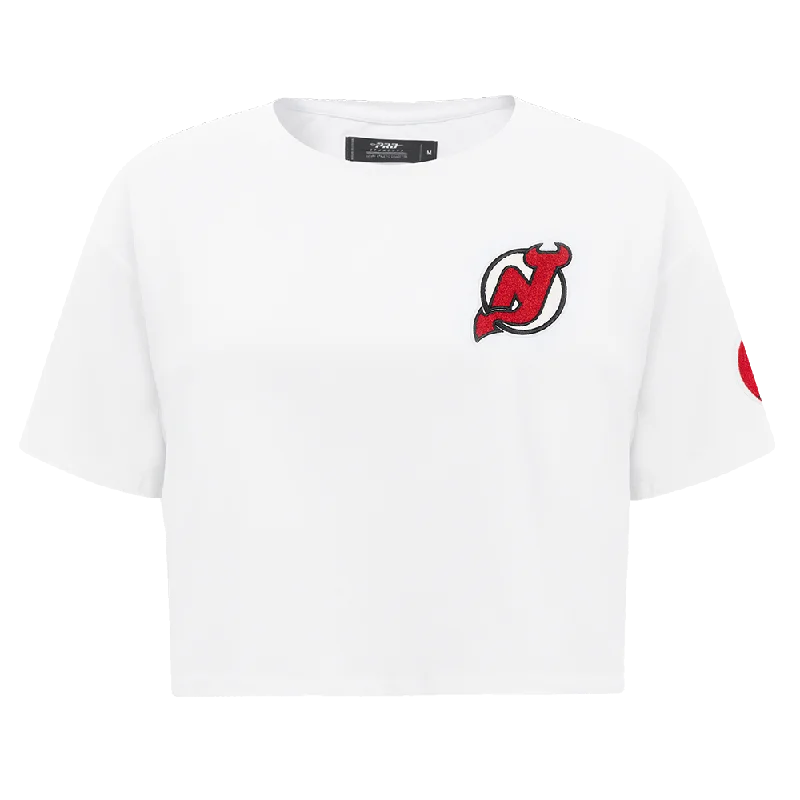 NHL NEW JERSEY DEVILS CLASSIC WOMEN'S BOXY TEE (WHITE) Thin T-Shirt Open Front Quick Dry NHL NEW JERSEY DEVILS CLASSIC WOMEN'S BOXY TEE (WHITE) Thin T-Shirt Open Front Quick Dry