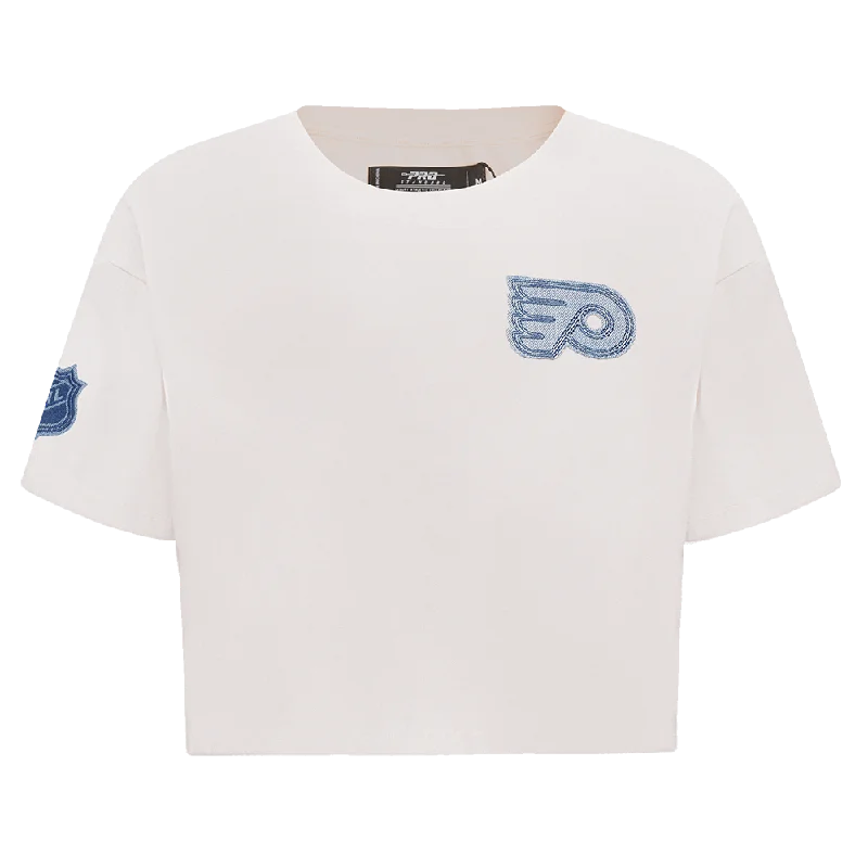 NHL PHILADELPHIA FLYERS VARSITY BLUES WOMEN'S BOXY TEE (LINEN) Cotton Fabric Linen Fabric Terry Fabric NHL PHILADELPHIA FLYERS VARSITY BLUES WOMEN'S BOXY TEE (LINEN) Cotton Fabric Linen Fabric Terry Fabric