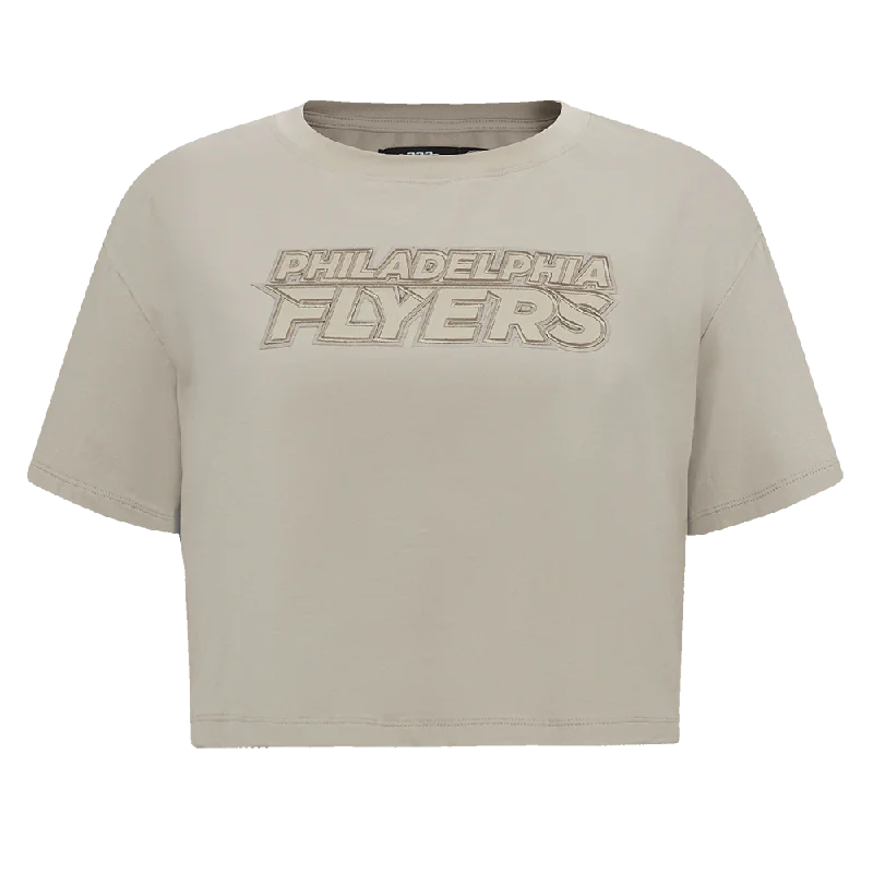 NHL PHILADELPHIA FLYERS NEUTRAL WOMEN'S BOXY TEE (TAUPE) Denim Fabric Leather Fabric Suede Fabric NHL PHILADELPHIA FLYERS NEUTRAL WOMEN'S BOXY TEE (TAUPE) Denim Fabric Leather Fabric Suede Fabric