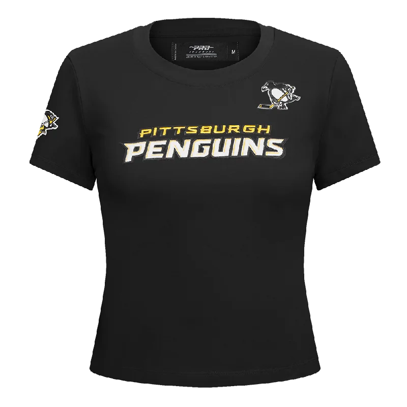 NHL PITTSBURGH PENGUINS CLASSIC WOMEN'S SS SLIM FIT TEE (BLACK) Ribbed T-Shirt High Neck Heavyweight NHL PITTSBURGH PENGUINS CLASSIC WOMEN'S SS SLIM FIT TEE (BLACK) Ribbed T-Shirt High Neck Heavyweight