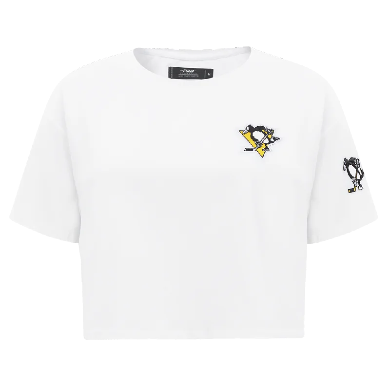 NHL PITTSBURGH PENGUINS CLASSIC WOMEN'S SJ BOXY TEE (WHITE) V-Neck T-Shirt Long Sleeve Cotton NHL PITTSBURGH PENGUINS CLASSIC WOMEN'S SJ BOXY TEE (WHITE) V-Neck T-Shirt Long Sleeve Cotton