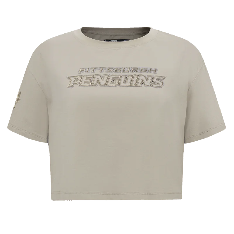 NHL PITTSBURGH PENGUINS NEUTRAL WOMEN'S BOXY TEE (TAUPE) Front Pockets Side Pockets Patch Pockets NHL PITTSBURGH PENGUINS NEUTRAL WOMEN'S BOXY TEE (TAUPE) Front Pockets Side Pockets Patch Pockets