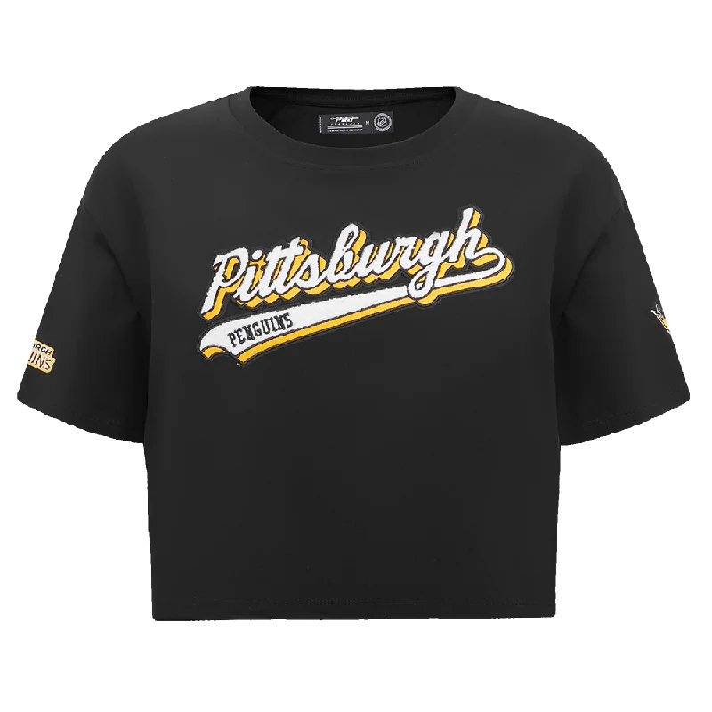 NHL PITTSBURGH PENGUINS SCRIPT TAIL WOMEN'S SJ BOXY TEE (BLACK) Houndstooth Herringbone Solid NHL PITTSBURGH PENGUINS SCRIPT TAIL WOMEN'S SJ BOXY TEE (BLACK) Houndstooth Herringbone Solid