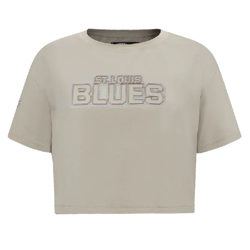 NHL ST. LOUIS BLUES NEUTRAL WOMEN'S BOXY TEE (TAUPE) Mesh Blend Leather Blend Suede Blend NHL ST. LOUIS BLUES NEUTRAL WOMEN'S BOXY TEE (TAUPE) Mesh Blend Leather Blend Suede Blend