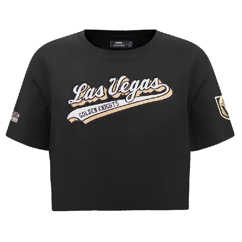 NHL VEGAS GOLDEN KNIGHTS SCRIPT TAIL WOMEN'S SJ BOXY TEE (BLACK) Boxy Fit Fitted Loose NHL VEGAS GOLDEN KNIGHTS SCRIPT TAIL WOMEN'S SJ BOXY TEE (BLACK) Boxy Fit Fitted Loose