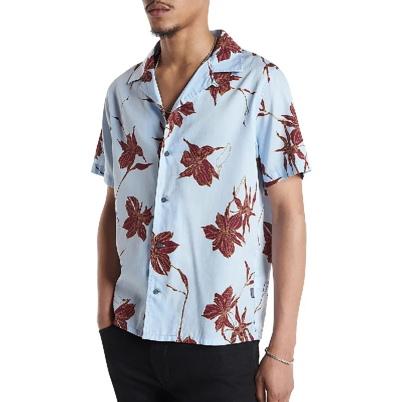 John Varvatos Mens Cotton Floral Print Button-Down Shirt Stylish Crew Neck Shirt