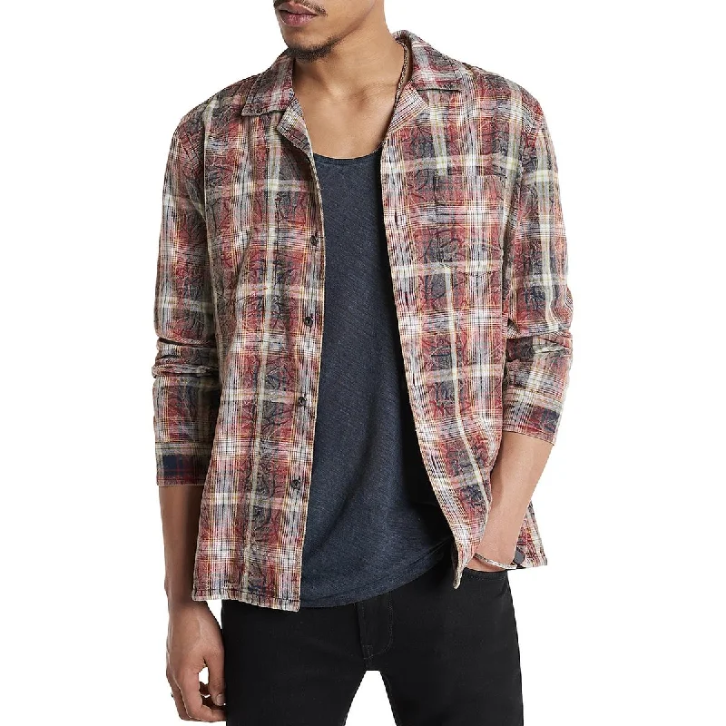 John Varvatos Mens Cotton Plaid Button-Down Shirt Cozy Cotton Short Tee
