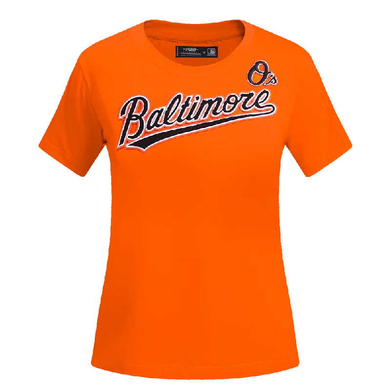 MLB BALTIMORE ORIOLES CLASSIC WOMEN'S SLIM FIT TEE (ORANGE) Silk Blend Satin Velvet