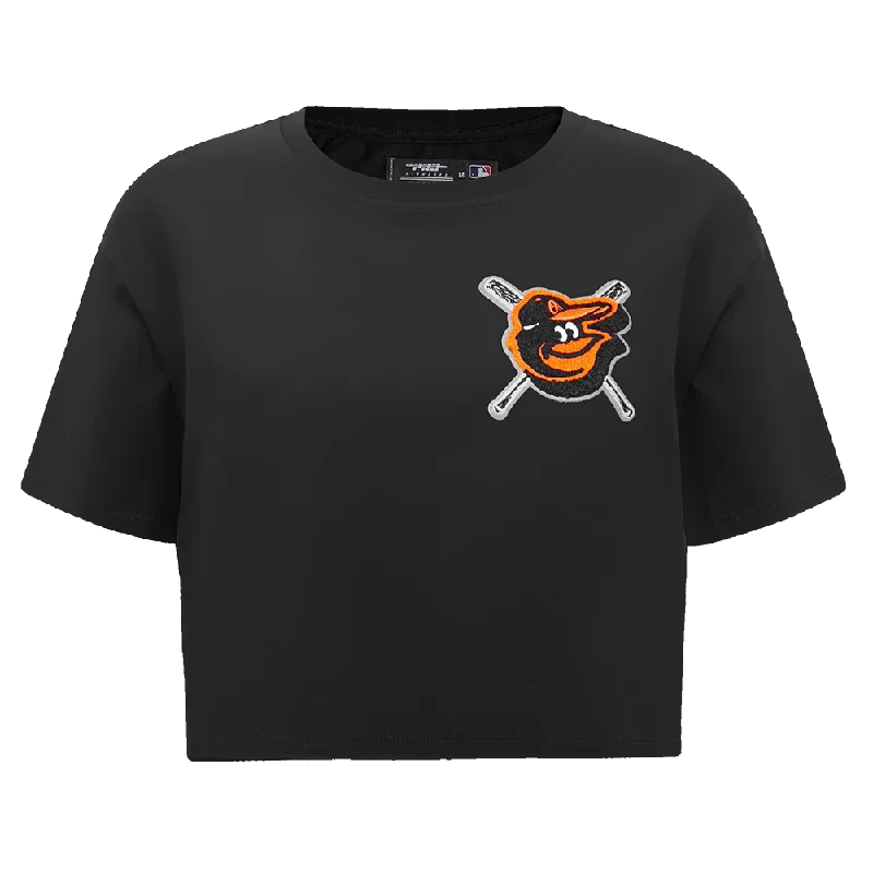 MLB BALTIMORE ORIOLES MASHUP WOMEN'S BOXY TEE (BLACK) Polka Dot Checkered Tartan