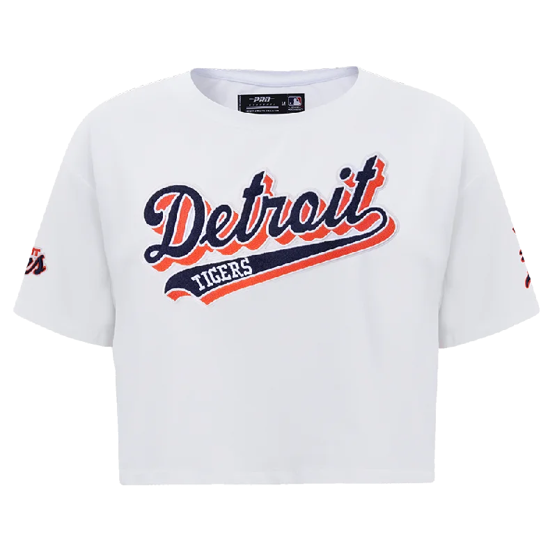 MLB DETROIT TIGERS SCRIPT TAIL WOMEN'S SJ BOXY TEE (WHITE) Lace Blend Ribbed Blend Corduroy Blend
