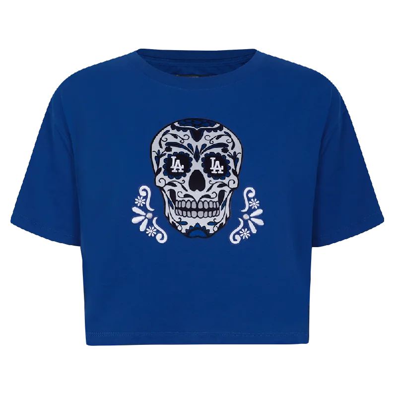MLB LOS ANGELES DODGERS SUGAR SKULL WOMEN'S SJ BOXY TEE (DODGER BLUE) Welt Pockets Slit Pockets