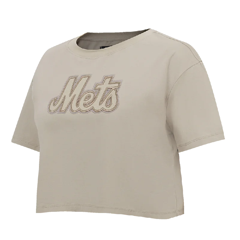 MLB NEW YORK METS NEUTRAL WOMEN'S BOXY TEE (TAUPE) Fleece Nylon Spandex