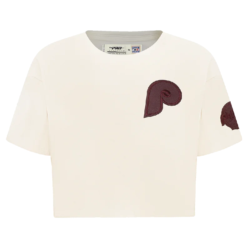 MLB PHILADELPHIA PHILLIES TRIPLE TONAL WOMEN'S SJ BOXY TEE (EGGSHELL) Thin T-Shirt Open Front Quick Dry MLB PHILADELPHIA PHILLIES TRIPLE TONAL WOMEN'S SJ BOXY TEE (EGGSHELL) Thin T-Shirt Open Front Quick Dry