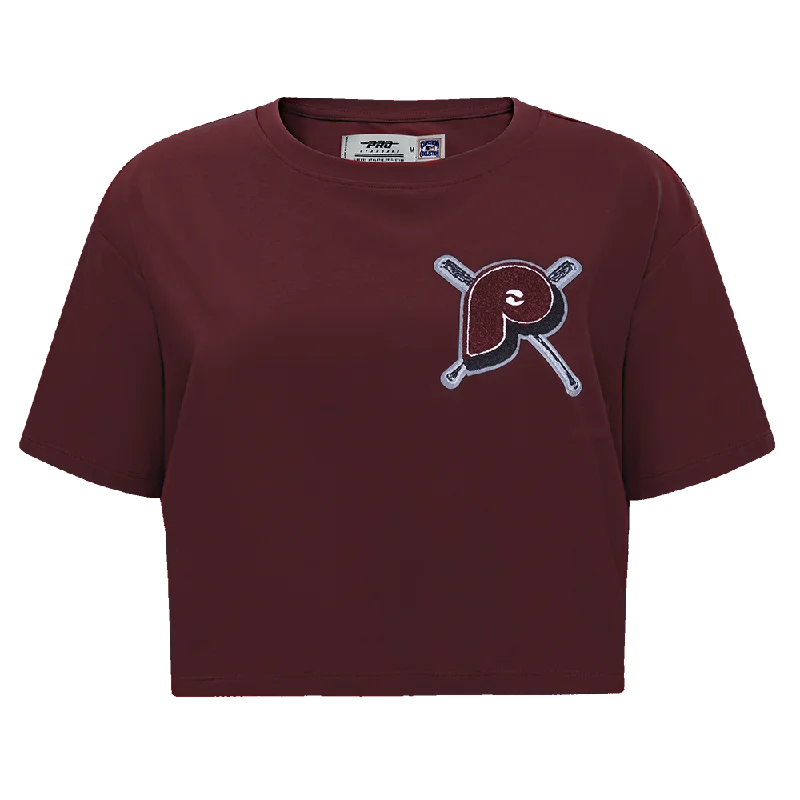 MLB PHILADELPHIA PHILLIES MASHUP WOMEN'S BOXY TEE (WINE) Terry Blend Velvet Blend Canvas Blend MLB PHILADELPHIA PHILLIES MASHUP WOMEN'S BOXY TEE (WINE) Terry Blend Velvet Blend Canvas Blend